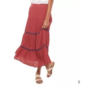 Sonoma Tiered Crinkle Gauze Midi Skirt Size XL Rust Red Embroidered Boho Ruffle